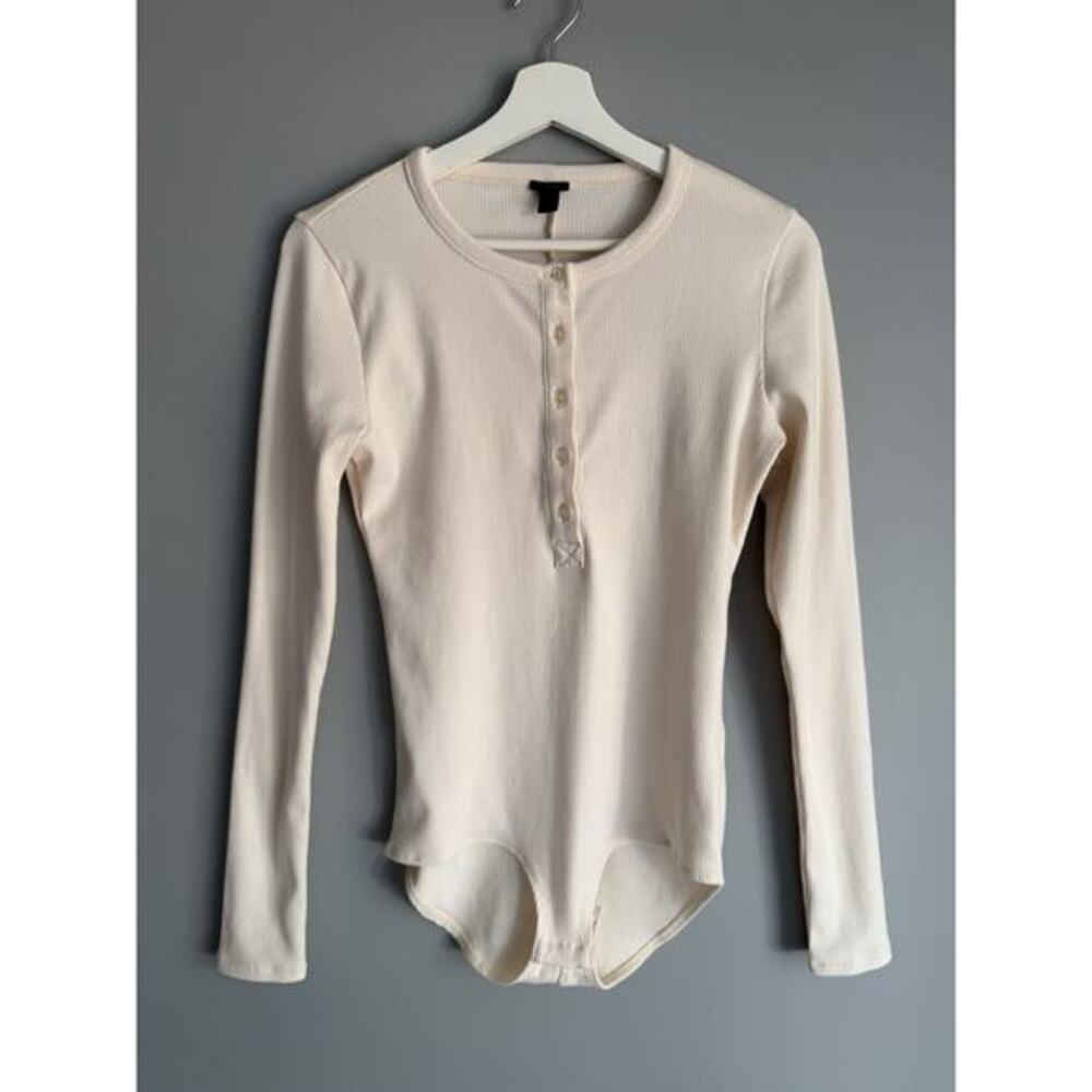 J.Crew Ribbed Henley Bodysuit Medium Cream Long Sleeve Button Front Stretch Top